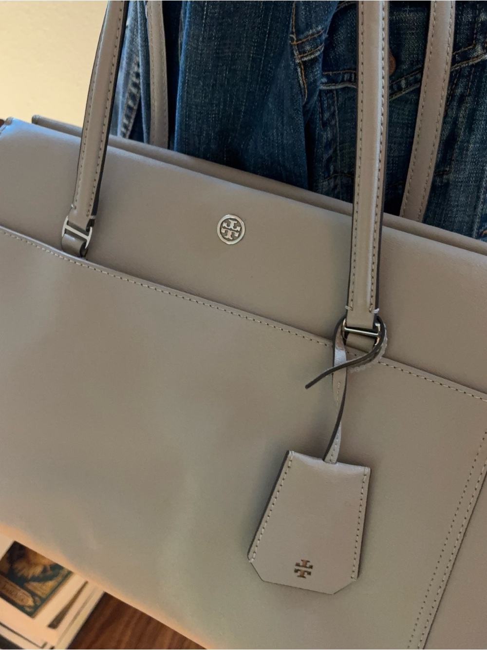 Tory Burch Taupe Gray Structured Leather Tote